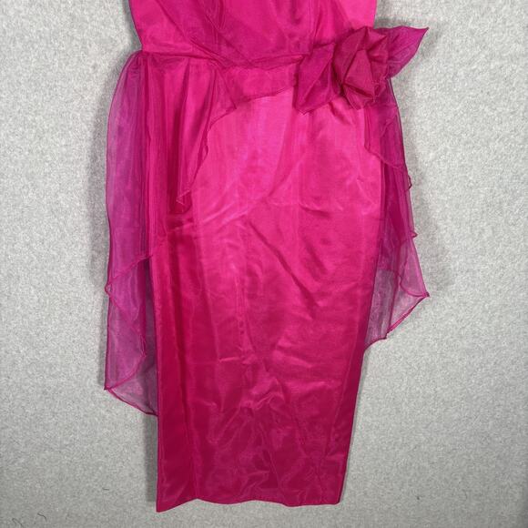 VTG 80s Prom Dress Medium Pink Puff Organza Sheer Overlay Bow Pencil Skirt Cape - Picture 4 of 14